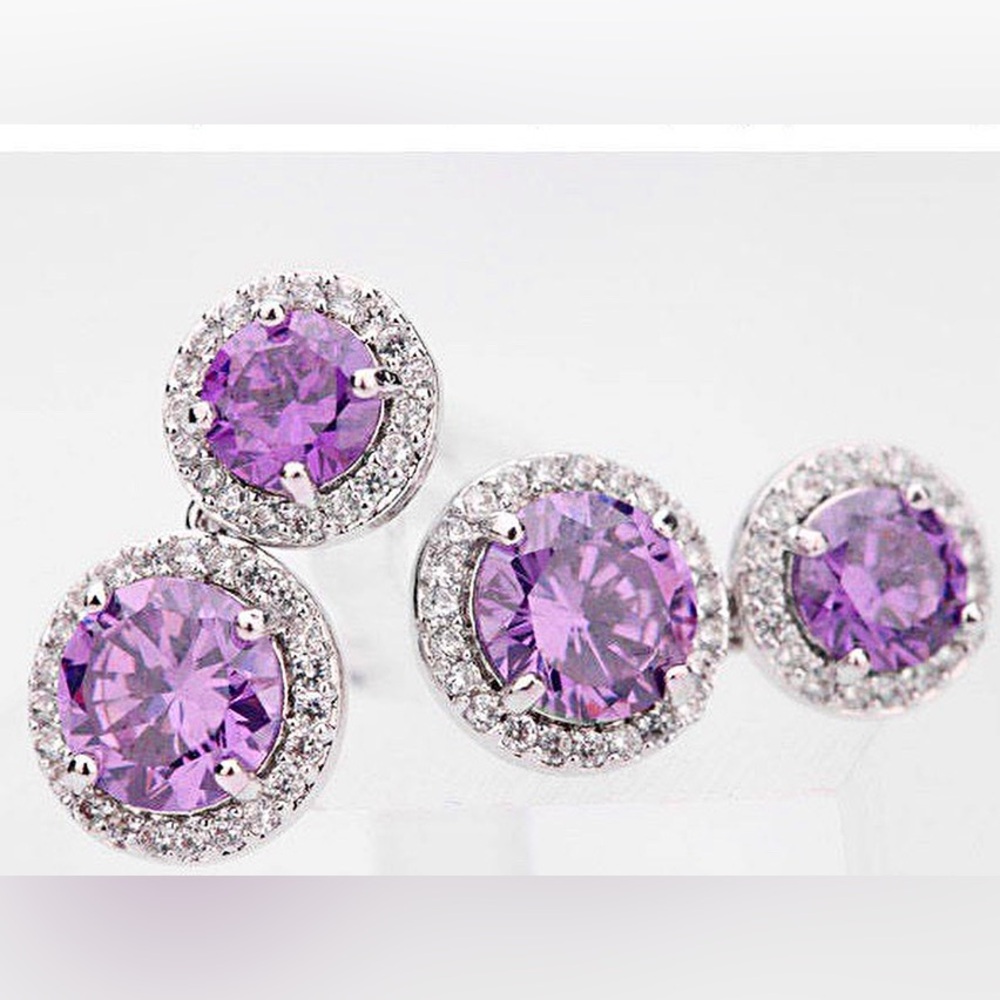 Purple Stone CZ Silver Stud Earrings White Gold Plated Amethyst Zircon Earrings